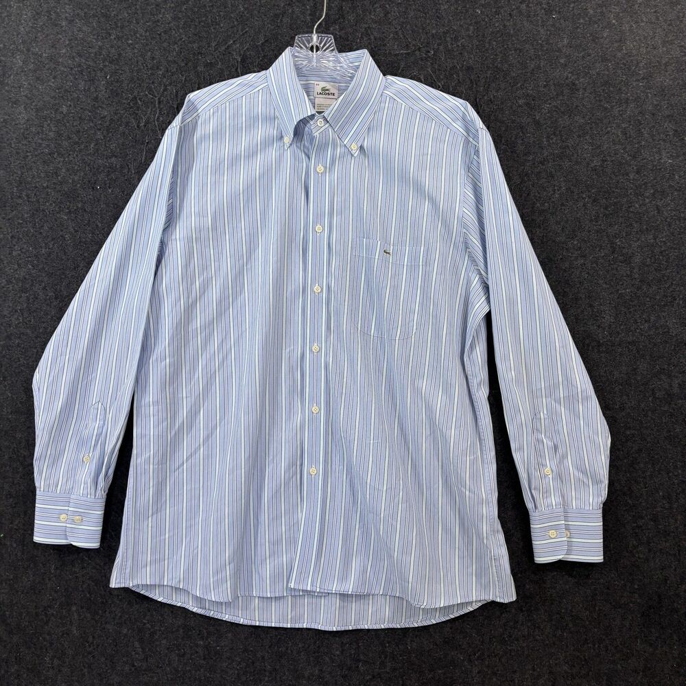 Lacoste Poplin Shirt Men's 44 Blue Striped 100% Cotton Button Down Pocket Preppy